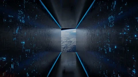 Huge illuminator of an unknown spaceship interior at an empty galaxy. Video stock 135590481