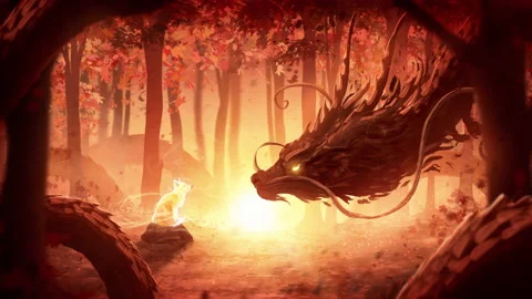 A huge incredibly long forest dragon in oriental style looks curiously at the sp Stock Footage 200955016