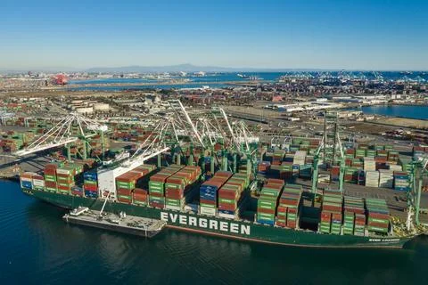 Huge intermodal cargo ship at Long Beach Port in California USA Fotos de archivo