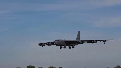 Huge Jet 8-engine B-52 Bomber lands on landing, runway Video stock 120368449