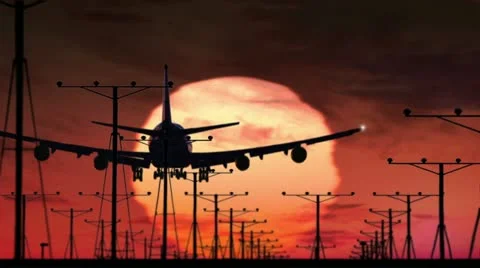 Huge jumbo jet silhouette overhead landing on runway Stock Footage 20535538