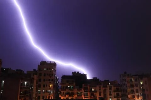Huge Lightning Bolt Strike Falls Down on City Bulidings, 5K Stock Photos