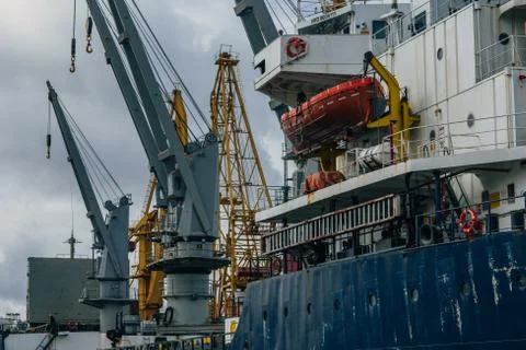 Huge loading and unloading cranes in the seaport of Odessa Stock Photos