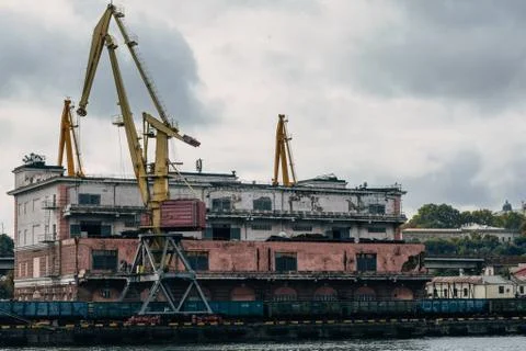 Huge loading and unloading cranes in the seaport of Odessa Stock Photos
