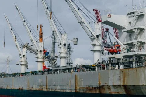 Huge loading and unloading cranes in the seaport of Odessa Stock Photos