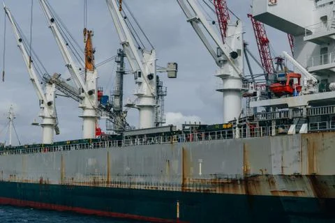 Huge loading and unloading cranes in the seaport of Odessa Stock Photos