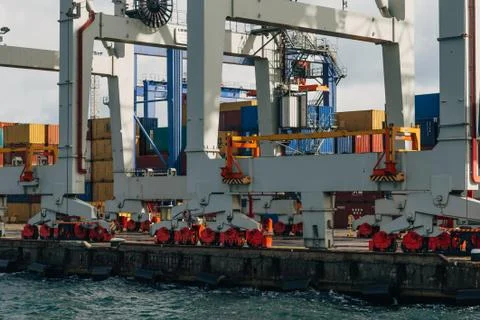 Huge loading and unloading cranes in the seaport of Odessa Stock Photos