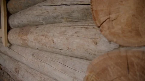 Huge logs stacked in a frame. Wall of a wooden building. Mineral wool is an Video stock 221937689