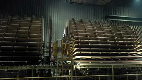A huge machine for drying of MDF and chipboard at the factory Stock Footage 169914850