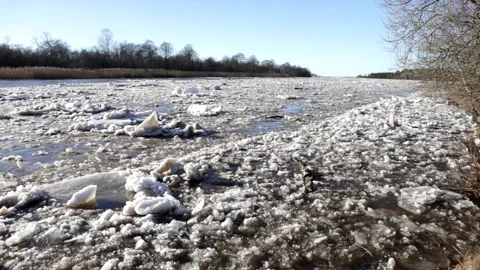 Huge masses of pack ice going down the river Gauja Stock Footage 149819124