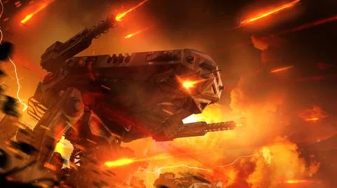 A huge mechanical robot in the style of Sci-Fi shoots from all the guns of ma Stock Illustration