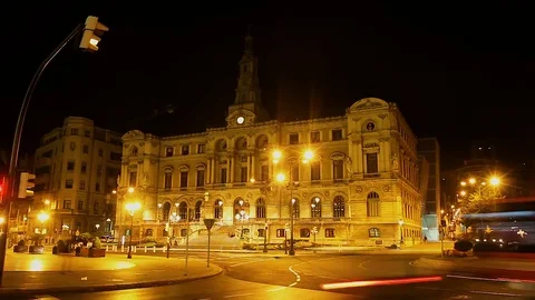 Huge megalopolis living its own life and never sleeps, nightlife in Bilbao city Stock Footage