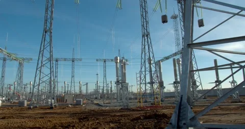 Huge metal structures with power lines, ... | Stock Video | Pond5