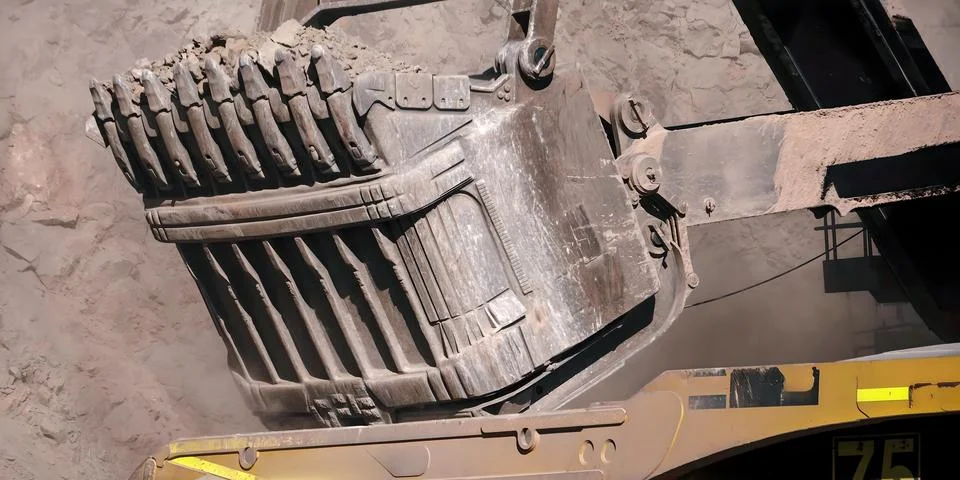 Huge mining shovel in the process of extracting and loading minerals onto a.. Foto stock