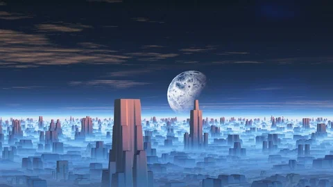 Huge Moon over Alien City Stock Footage 103841432