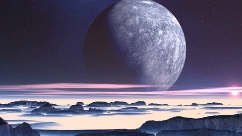 Huge Moon over Alien Planet Stock Footage 105496426