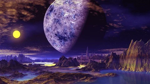 Huge Moon over Alien Planet Stock Footage 128071130