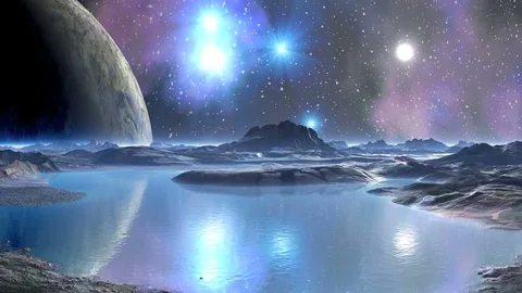 A Huge Moon in the Sky Alien Planet Vídeo Stock 76206636