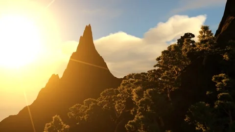 Huge mountains at sunset in autumn, 3D animation Stock Footage 261137567
