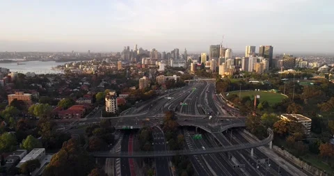 Huge multi-lane motorway in view of Sydney city CBD from above in 4k. Stock Footage 136491249