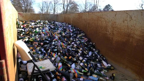 Huge number of empty wine bottles in the dumpster Stock Footage 75163920