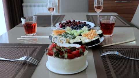 A huge number of types and options for food, as well as sushi with fruits and Stock Footage 253322915
