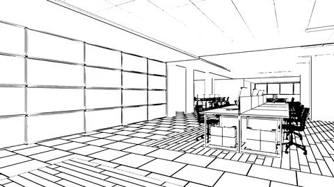 Huge office area,office area for document work line drawings,3d rendering Stock Illustration