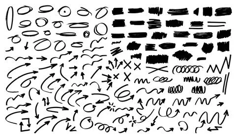 Huge pack of marker marks in various shapes. Round calligraphic shapes, bub.. Stock Illustration