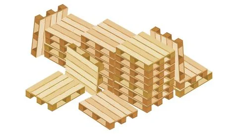 Huge pile of isometric pallets in stacks and many near lying and stand leaning Stock Illustration