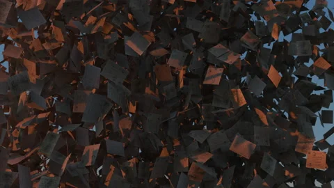 A huge pile of old letters falls against a clear blue sky at sunset. 3d Stock Footage 130429173