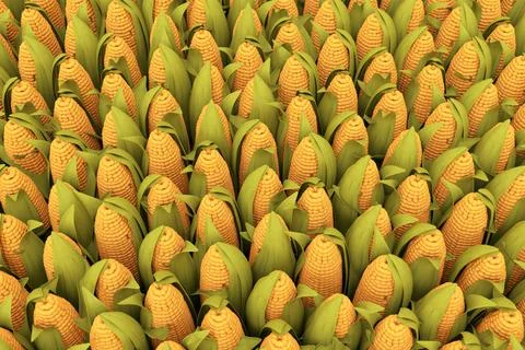Huge pile of ripe corn, ripe yellow corn with green leaves. Corn wallpaper. 3D Stock Illustration