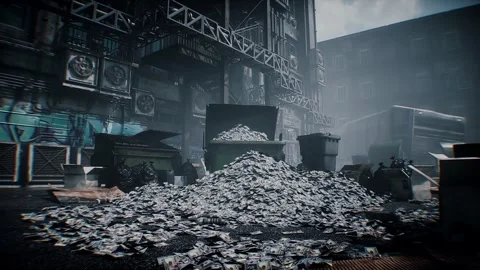 Huge Pile of US Dollar Bills Dumped in a Landfill, Symbolizing Money Wasted Vídeos de archivo 347319554