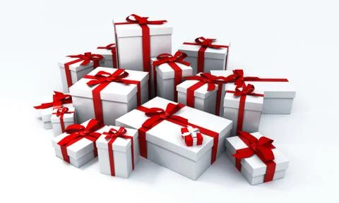 Huge pile of white gift boxes with red ribbons on a neutral background Stock Illustration