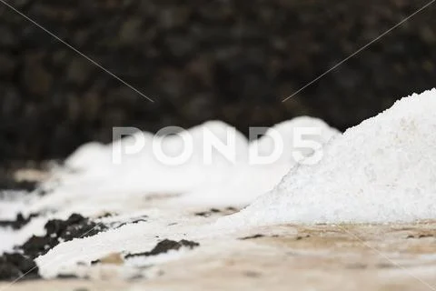 Huge piles of salt in the Salinas de Fuencaliente, La Palma, Spain with focus Stock Photos