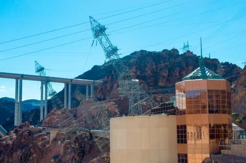 Huge pillars wire behind tower in Hoover Dam Stock Photos