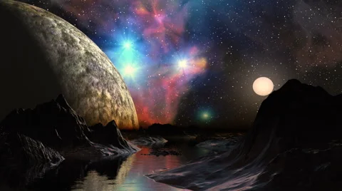 Huge planet and a bright nebula in the background dreamscape Stock Footage 44794585