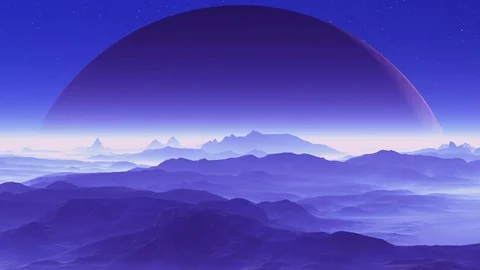 Huge Planet over Alien Terrain Stock Footage 71616943