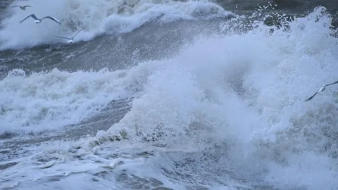 Huge powerful waves breaking. Sea ocean waves during the storm and high wind Stock Footage