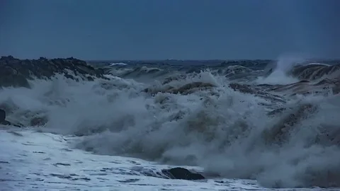 Huge Powerful Waves Breaking At Seawall In Major Severe Storm Stock Footage 84129788