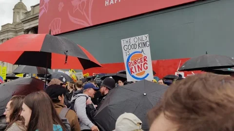 HUGE PROTEST CROWD IN CENTRAL LONDON FOR KING CHARLES CORONATION 6 MAY 2023 4K Stock Footage 240493461