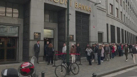 Huge Queue Outside Czech National Bank for Anniversary CZK 5,000 Banknote Video stock 346153716