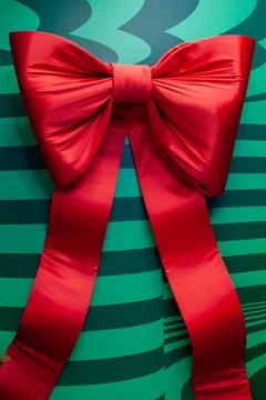 Huge red bow on green wall. Stock Photos