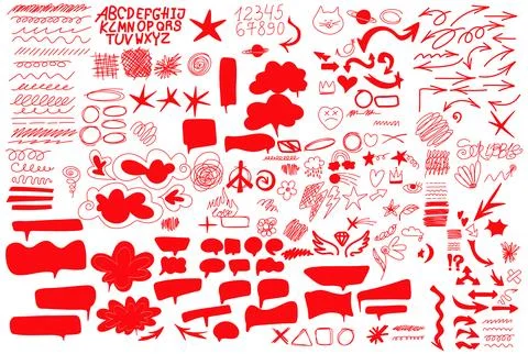 Huge red set of doodle sketch elements arrows, stars, clouds, frames, speech  스톡 일러스트