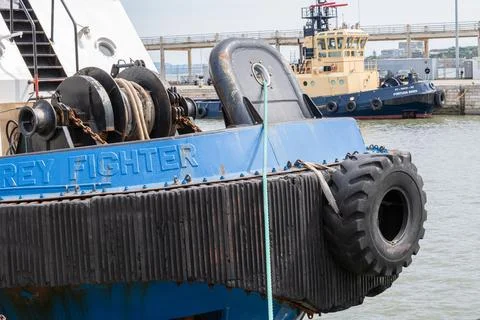 Huge Rey Fighter tugboat in the dock, designed to push pull and tow barges or Stock Photos