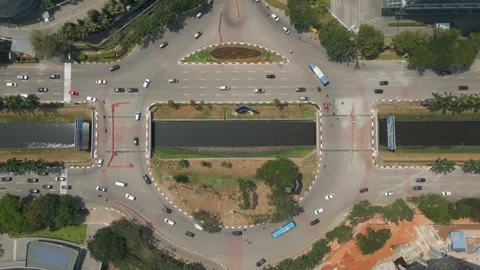 Huge Roundabout Intersection With Traffic PIK Jakarta Indonesia Static Overhead Stock Footage 341669678