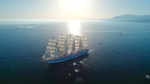 Huge sailing yacht with open sails at sea Stock Footage 226992330