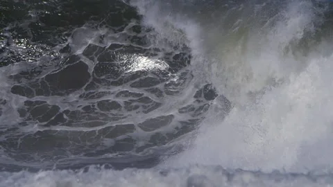 Huge sea waves breaking climate change effect on weather - super slow motion Video stock 171602496
