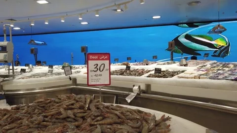 Huge seafood section inside Carrefour supermarket at Mall of the Emirates in  動画素材 312335387