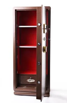 Huge self standing safe box on white background. The door is opened and inter Stock Photos