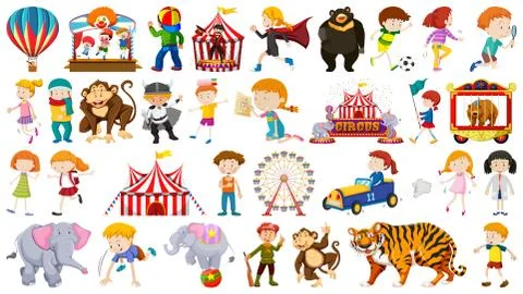 Huge set of circus, fun fair, children and animals collection isolated Illustrazione stock